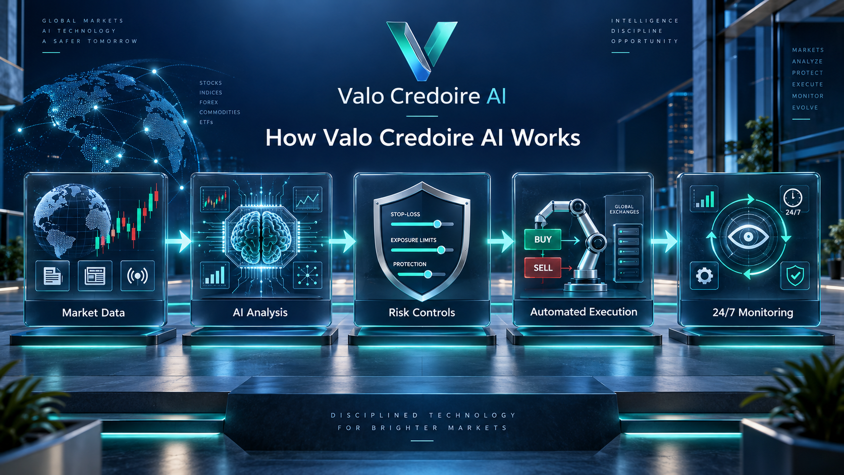 Valo Credoire AI auto trading platform showing risk management and adaptive AI learning features